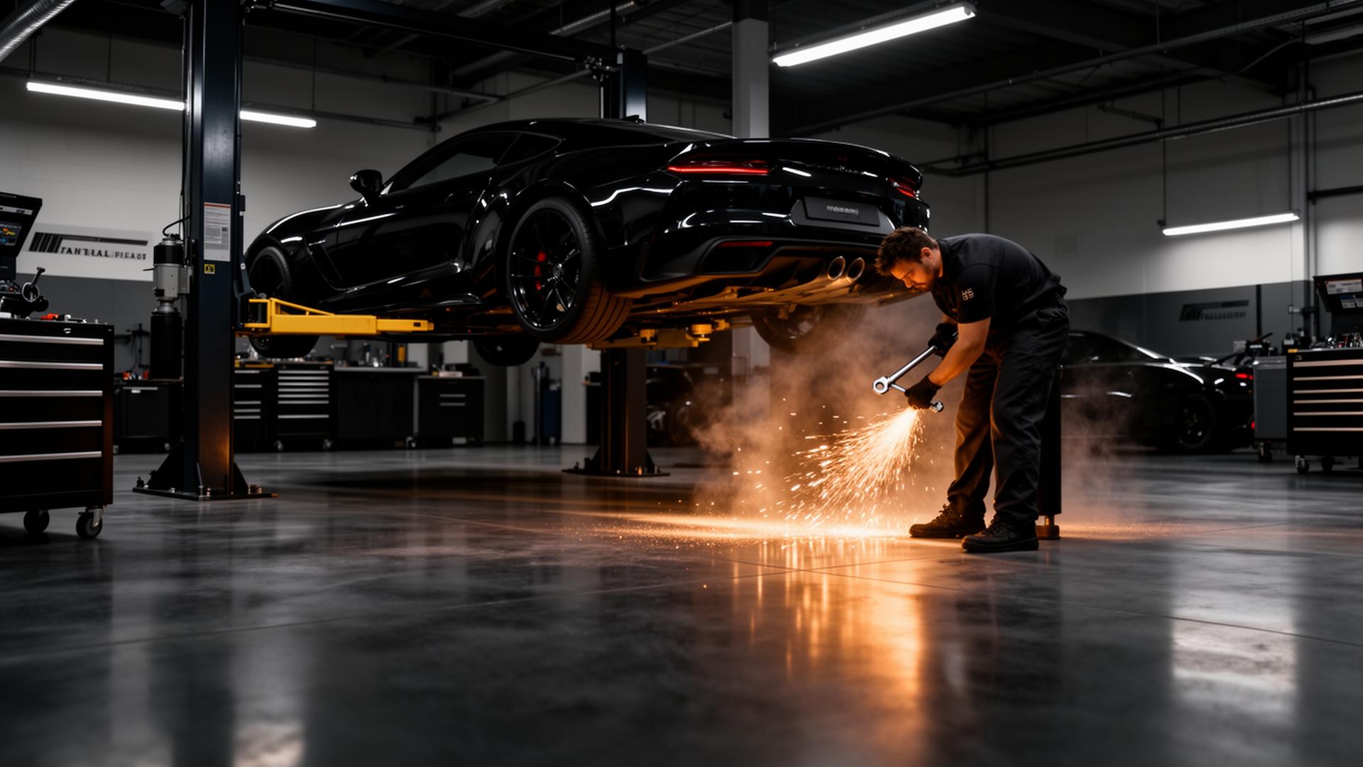 Mechanic working under a sports car on a lift